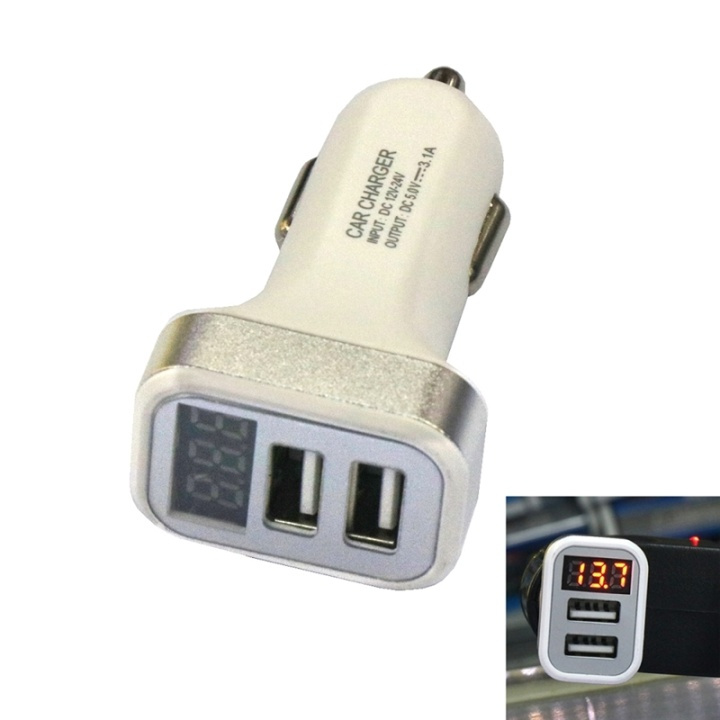 USB-autolader met 2 USB-poorten en display, Zilver in de groep SMARTPHONE & TABLETS / Opladers & Kabels / Autoladers / Autoladers USB bij TP E-commerce Nordic AB (38-26745)