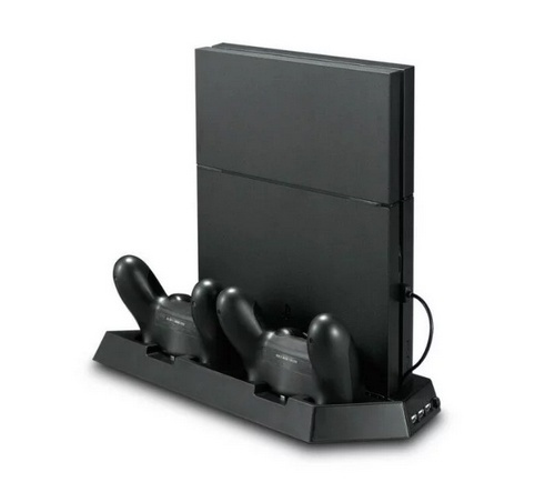 Vertikalt stativ med kylfläktar, laddningsstationer, USB-hub, Playstation 4 Slim in de groep HOME ELECTRONICS / Spelconsoles en accessoires / Sony PlayStation 4 bij TP E-commerce Nordic AB (38-27160)