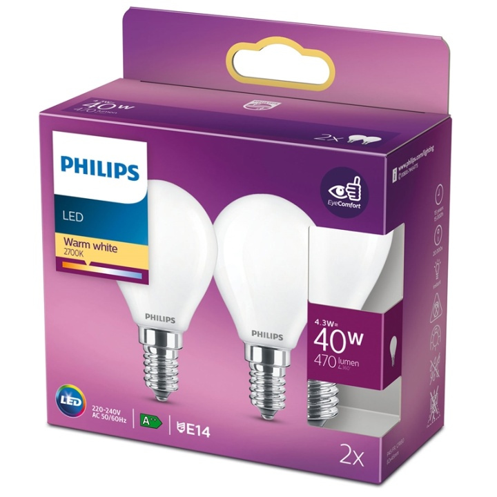 Philips 2-pack LED E14 Klot 40W Frost in de groep HOME ELECTRONICS / Verlichting / LED-lampen bij TP E-commerce Nordic AB (38-28881)