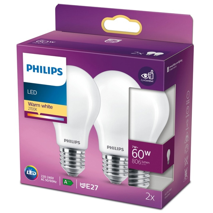 Philips 2-pack LED E27 Normal 60W Fros in de groep HOME ELECTRONICS / Verlichting / LED-lampen bij TP E-commerce Nordic AB (38-28885)
