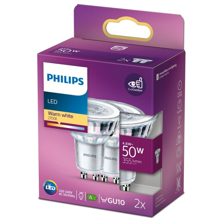 Philips 2-pack LED GU10 Spot 50W 355lm in de groep HOME ELECTRONICS / Verlichting / LED-lampen bij TP E-commerce Nordic AB (38-28892)