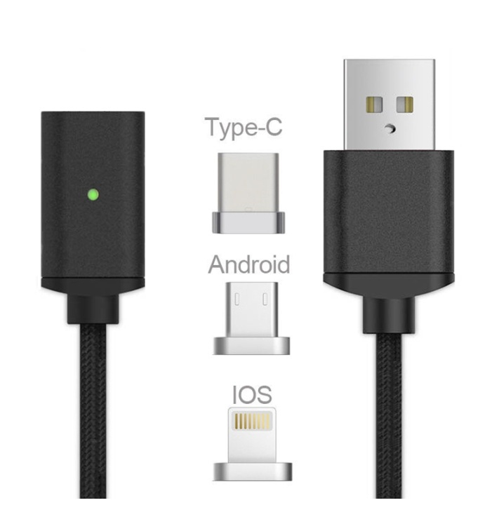 Magnetisk USB-kabel 3 i 1 - USB-C, Micro, Lightning (Svart) in de groep SMARTPHONE & TABLETS / Opladers & Kabels / Kabels / Kabels microUSB bij TP E-commerce Nordic AB (38-29770)