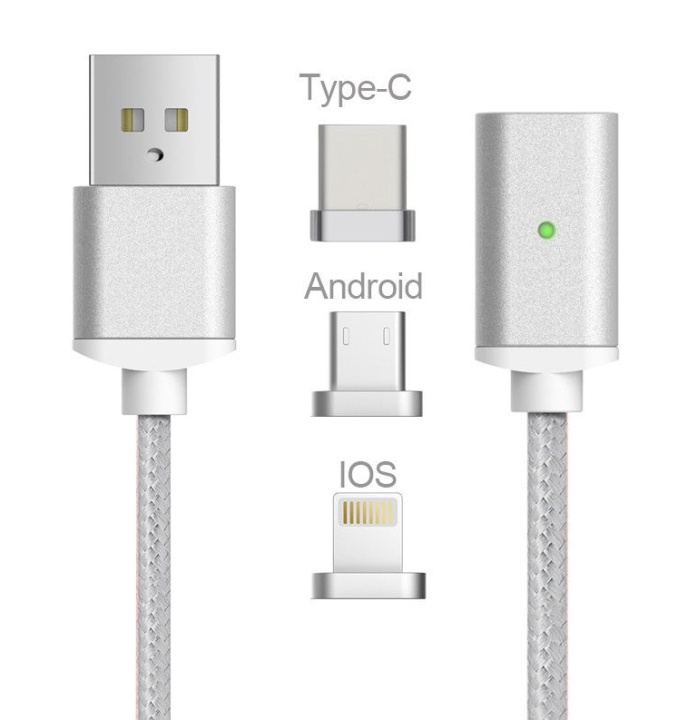 Magnetische USB-kabel 3 in 1 - USB-C, Micro, Lightning (Zilver) in de groep SMARTPHONE & TABLETS / Opladers & Kabels / Kabels / Kabels microUSB bij TP E-commerce Nordic AB (38-29771)