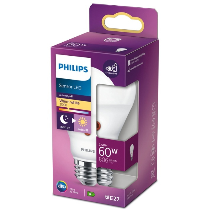 Philips LED E27 Normal 60W Skymningsse in de groep HOME ELECTRONICS / Verlichting / LED-lampen bij TP E-commerce Nordic AB (38-35941)