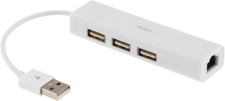 DELTACO USB 2.0 nätverksadapter med USB-hubb, 100Mbps, 3xUSB, vit in de groep COMPUTERS & RANDAPPARATUUR / Netwerk / Netwerkkaarten / USB bij TP E-commerce Nordic AB (38-36776)