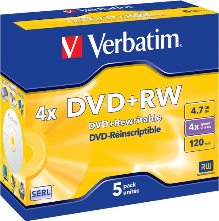 Verbatim DVD+RW, 4x, 4,7 GB/120 min, 5-pack jewel case, SERL in de groep HOME ELECTRONICS / Opslagmedia / CD/DVD/BD-schijven / DVD+R bij TP E-commerce Nordic AB (38-37127)