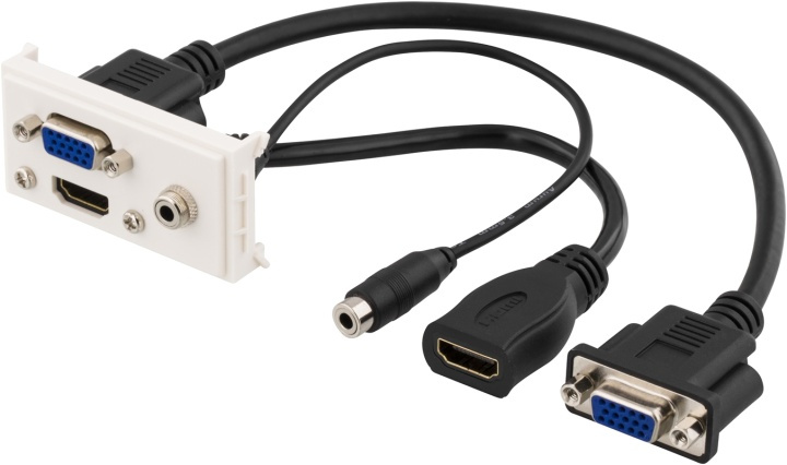 DELTACO Uttagspanel, 1xVGA, 1xHDMI, 1x3,5mm, 0,2m, vit in de groep COMPUTERS & RANDAPPARATUUR / Computerkabels / Overige computerkabels bij TP E-commerce Nordic AB (38-38931)