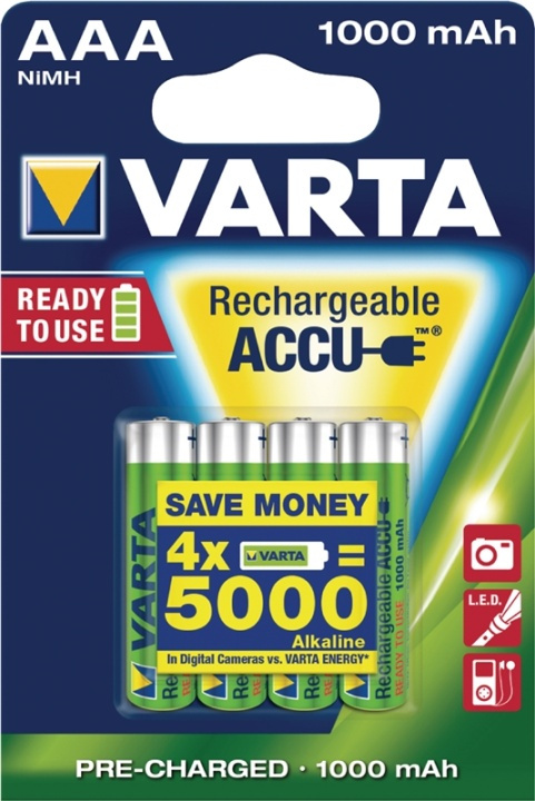 Varta Oplaadbare NiMH-Batterij AAA | 1.2 V DC | 1000 mAh | Voorgeladen | 4-Blisterkaart in de groep HOME ELECTRONICS / Batterijen & Opladers / Oplaadbare batterijen / AAA bij TP E-commerce Nordic AB (38-41940)