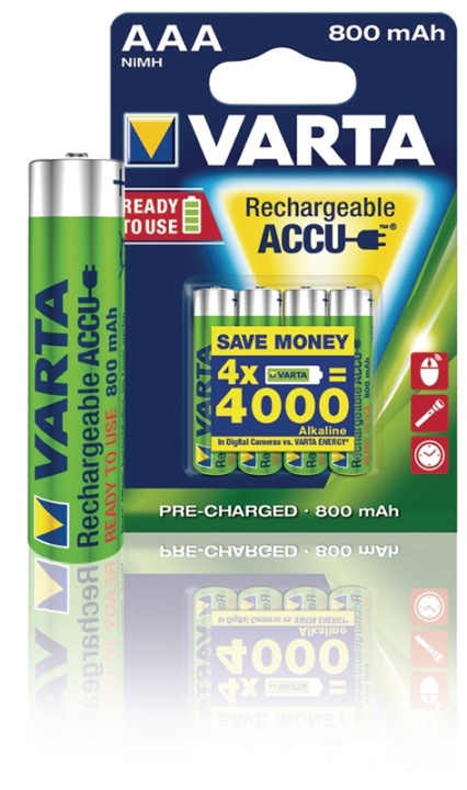 Varta Oplaadbare NiMH-Batterij AAA | 1.2 V DC | 800 mAh | Voorgeladen | 4-Blisterkaart in de groep HOME ELECTRONICS / Batterijen & Opladers / Oplaadbare batterijen / AAA bij TP E-commerce Nordic AB (38-41941)