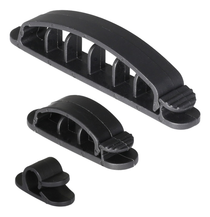 DELTACO adhesive cable clamps in plastic, 1/3/6 slots, 10-pack, black in de groep HUISHOUDEN & TUIN / Elektriciteit & Verlichting / Elektrische installatie / Accessoires bij TP E-commerce Nordic AB (38-53250)