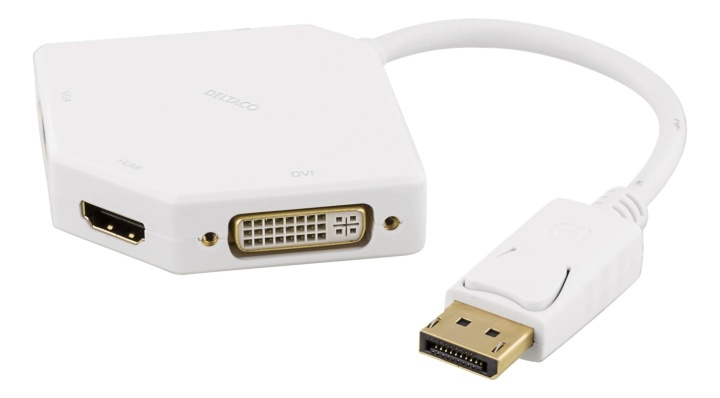 DELTACO DisplayPort to DVI/HDMI/VGA adapter, UHD at 60Hz, 0,2m, white in de groep COMPUTERS & RANDAPPARATUUR / Computerkabels / DisplayPort / Adapters bij TP E-commerce Nordic AB (38-53327)