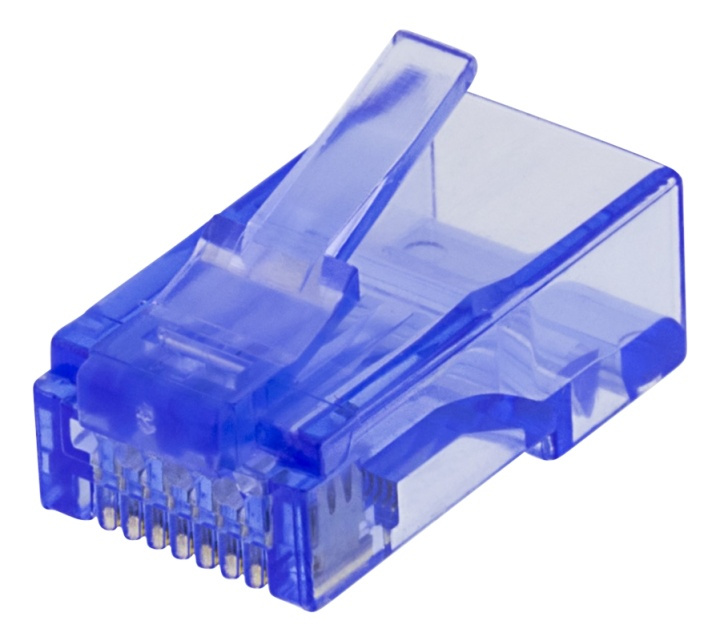 DELTACO RJ45 connector, Cat6, UTP, 20-pack, transparent, blue in de groep COMPUTERS & RANDAPPARATUUR / Computerkabels / Netwerkkabels / Adapters & Geleiderverbindingen bij TP E-commerce Nordic AB (38-53447)