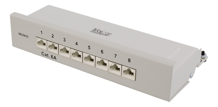 DELTACO Patch Panel, 8xRJ45, Cat6a, wall-mountable, metal, gray in de groep COMPUTERS & RANDAPPARATUUR / Netwerk / Routers bij TP E-commerce Nordic AB (38-53481)