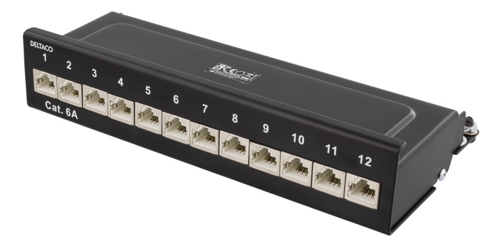 DELTACO Patch Panel, 12xRJ45, Cat6a, wall-mountable, metal, black in de groep COMPUTERS & RANDAPPARATUUR / Netwerk / Routers bij TP E-commerce Nordic AB (38-53484)