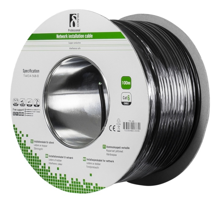 DELTACO U/UTP Cat6 installation cable, for outdoor use, 100m, black in de groep COMPUTERS & RANDAPPARATUUR / Computerkabels / Netwerkkabels / Cat6 bij TP E-commerce Nordic AB (38-53582)