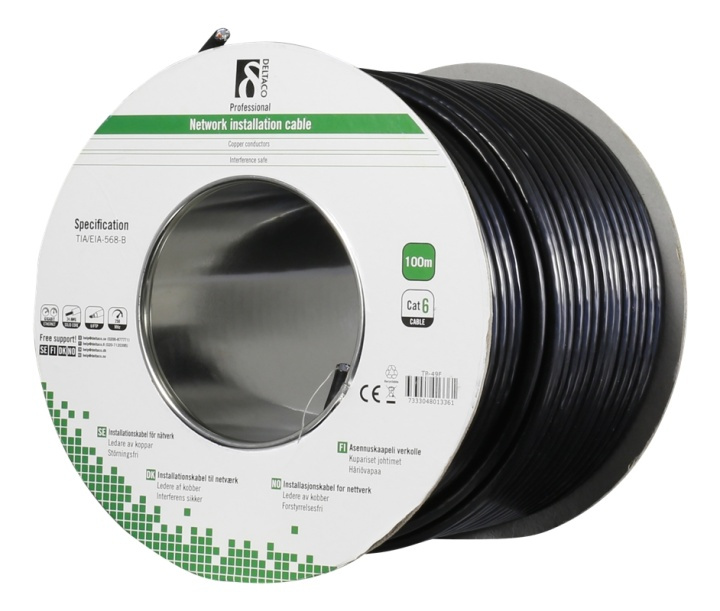 DELTACO F/UTP Cat6 installation cable, for outdoor use, 100m, black in de groep COMPUTERS & RANDAPPARATUUR / Computerkabels / Netwerkkabels / Cat6 bij TP E-commerce Nordic AB (38-53584)