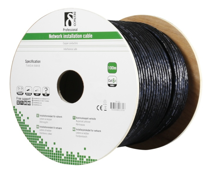 DELTACO S/FTP Cat6a installation cable, for outdoor use, 100m, black in de groep COMPUTERS & RANDAPPARATUUR / Computerkabels / Netwerkkabels / Cat6 bij TP E-commerce Nordic AB (38-53586)