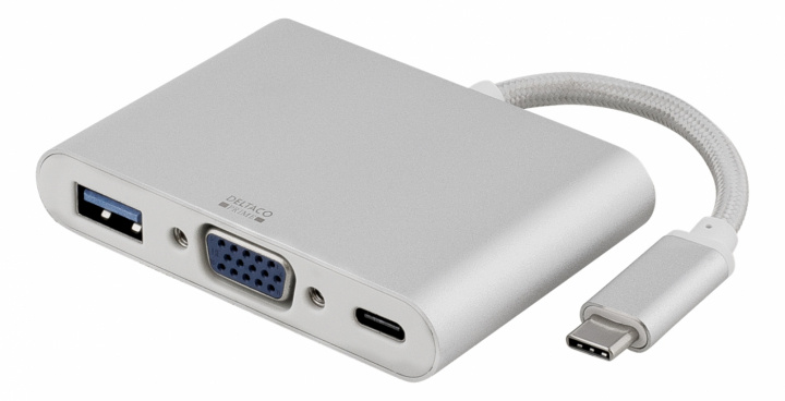 DELTACO PRIME USB-C naar VGA en USB A, USB-C-poort voor opladen, zilver in de groep COMPUTERS & RANDAPPARATUUR / Computerkabels / VGA / Adapters bij TP E-commerce Nordic AB (38-53717)