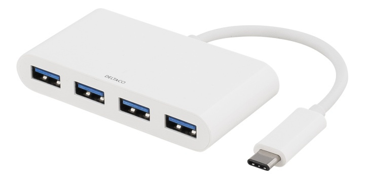 DELTACO USB 3.1 Gen 1 hub, USB-C, 4xUSB Type A, 5V 4,5W 900mA, white in de groep COMPUTERS & RANDAPPARATUUR / Computeraccessoires / USB-hubs bij TP E-commerce Nordic AB (38-53781)