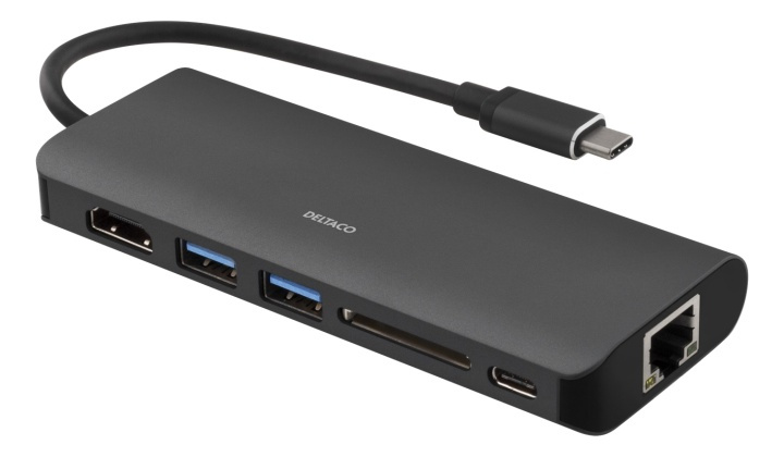 DELTACO USB-C docking station with HDMI, RJ45, 2xUSB A, USB-C PD, blac in de groep COMPUTERS & RANDAPPARATUUR / Laptops & accessoires / Docking station bij TP E-commerce Nordic AB (38-54123)