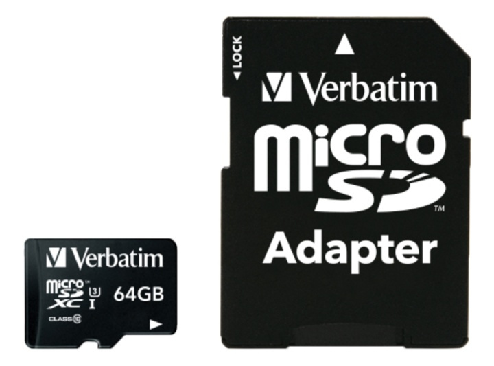 Verbatim PRO microSDXC U3 m. adapter 64GB in de groep HOME ELECTRONICS / Opslagmedia / Geheugenkaarten / MicroSD/HC/XC bij TP E-commerce Nordic AB (38-55915)