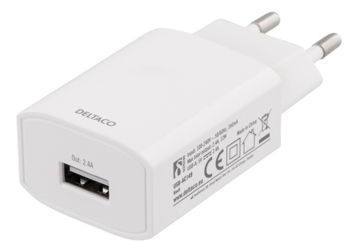 DELTACO wall charger, 100-240 V, 5 V 2,4 A, 1xUSB-A, retailpack, white in de groep SMARTPHONE & TABLETS / Opladers & Kabels / Wandoplader / Wandoplader USB bij TP E-commerce Nordic AB (38-61817)