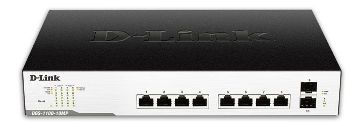 D-Link network switch, 8xRJ45, 2xSFP, PoE plus, Gigabit, black/silver in de groep COMPUTERS & RANDAPPARATUUR / Netwerk / Schakelaars / 10/100/1000Mbps bij TP E-commerce Nordic AB (38-61978)