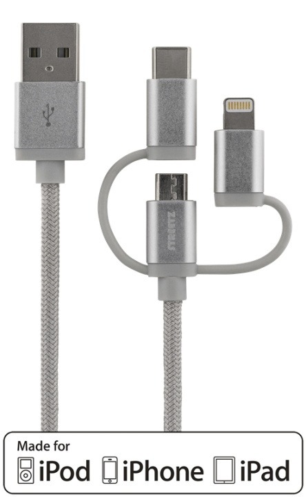 DELTACO 3in1 USB Sync/Charging,universal,USB-2.0,2.4A/12W,MFi,1m,silve in de groep SMARTPHONE & TABLETS / Opladers & Kabels / Kabels / Kabels microUSB bij TP E-commerce Nordic AB (38-62410)