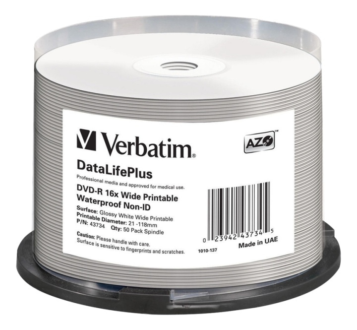 Verbatim DVD-R AZO 4.7GB 16X DL+ WIDE GLOSSY WATERPROOF PRINTABLE in de groep HOME ELECTRONICS / Opslagmedia / CD/DVD/BD-schijven / Cd/dvd-opslag bij TP E-commerce Nordic AB (38-62607)