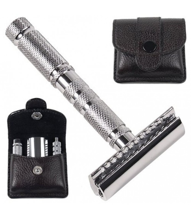 Parker A1-R 4 Piece Travel Safety Razor & Leather Pouch in de groep BEAUTY & HEALTH / Haar & Styling / Scheren & Trimmen / Scheermessen & Accessoires bij TP E-commerce Nordic AB (38-70082)