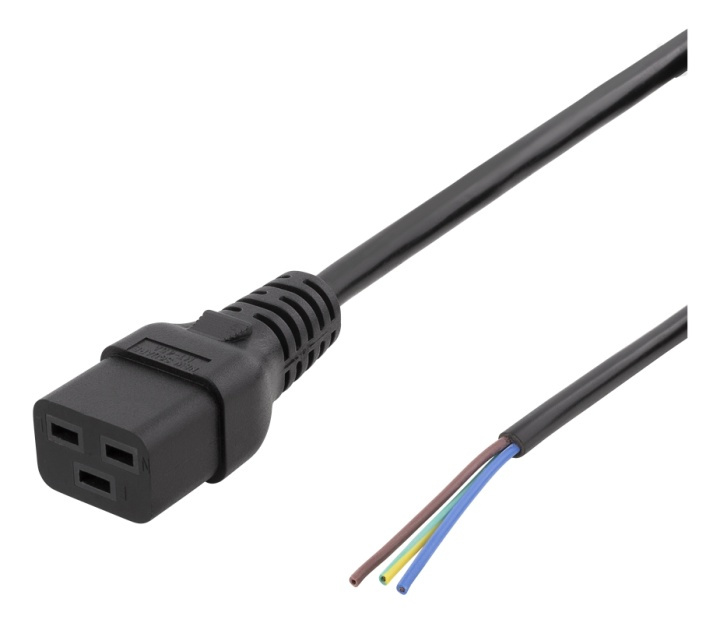 DELTACO C19 to open ended power cord, 2m, IEC C19, 10A, black in de groep COMPUTERS & RANDAPPARATUUR / Computerkabels / Elektrische kabels bij TP E-commerce Nordic AB (38-71608)