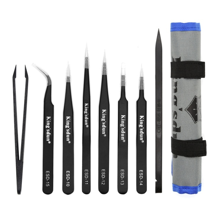 Kingsdun tip set, 8 parts, ESD, tweezers, black in de groep COMPUTERS & RANDAPPARATUUR / Computeraccessoires / Overige bij TP E-commerce Nordic AB (38-71832)