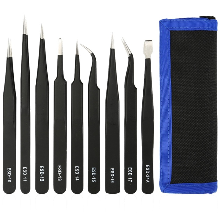 Tweezer kit, 9 pieces, ESD, black in de groep COMPUTERS & RANDAPPARATUUR / Computeraccessoires / Overige bij TP E-commerce Nordic AB (38-71833)