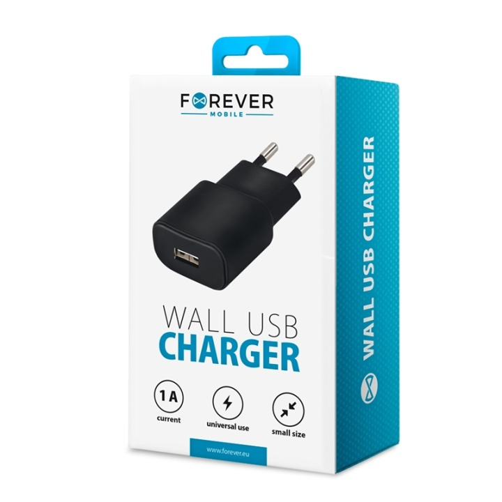 Forever wandoplader, USB-poort, 1A, zwart in de groep SMARTPHONE & TABLETS / Opladers & Kabels / Wandoplader / Wandoplader USB bij TP E-commerce Nordic AB (38-72501)