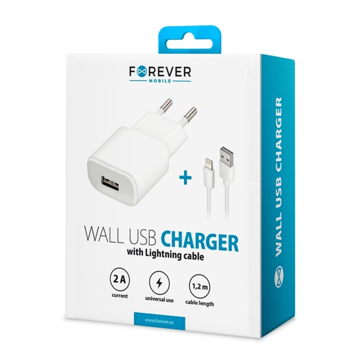 Forever Väggladdare USB 2A TC-01 + iPhone 8-pin kabel - Vit in de groep SMARTPHONE & TABLETS / Opladers & Kabels / Wandoplader / Wandoplader Lightning bij TP E-commerce Nordic AB (38-72509)