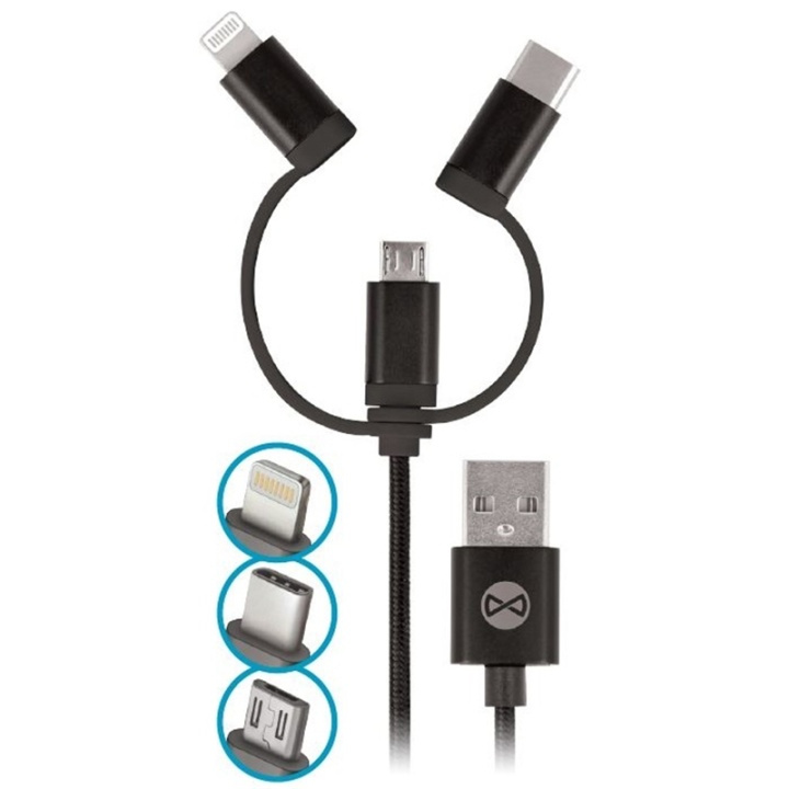 Forever 3in1 nylon microUSB + Lightning + USB typ-C Svart in de groep SMARTPHONE & TABLETS / Opladers & Kabels / Kabels / Kabels Lightning bij TP E-commerce Nordic AB (38-72598)
