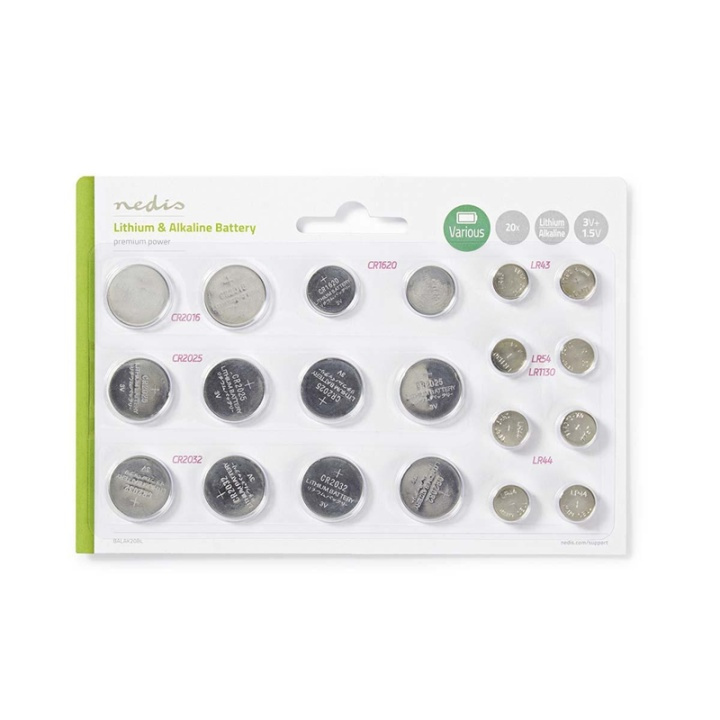 Nedis Lithium / Alkaline Knoopcelbatterij Multipack | 1.5 / 3 V DC | Alkaline / Lithium | CR1620 / CR2016 / CR2025 / CR2032 / LR43 / LR44 / LR54 | Aantal batterijen: 20 Stuks | Blisterkaart | Verschillende apparaten in de groep HOME ELECTRONICS / Batterijen & Opladers / Batterijen / Knoopcel bij TP E-commerce Nordic AB (38-72976)