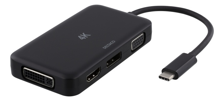 DELTACO USB-C to HDMI/DP/DVI/VGA adapter, 4K, DP Alt Mode, black in de groep SMARTPHONE & TABLETS / Opladers & Kabels / Adapters bij TP E-commerce Nordic AB (38-74635)