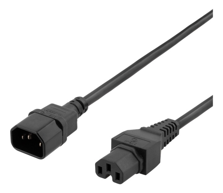 DELTACO 2m earthed cable IEC 6320 C15 - IEC 6320 C14, 250V/10A, black in de groep COMPUTERS & RANDAPPARATUUR / Computerkabels / Elektrische kabels bij TP E-commerce Nordic AB (38-74637)