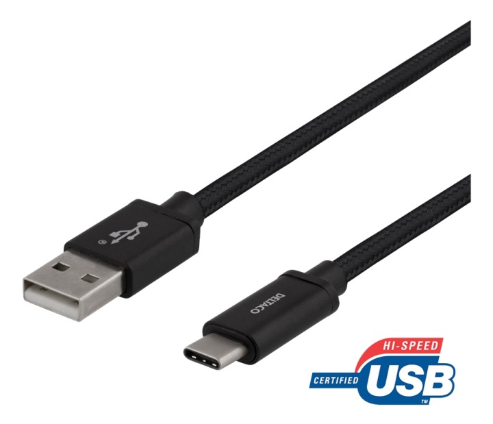 DELTACO USB-A to USB-C cable, 2m, USB 2.0, braided, black in de groep SMARTPHONE & TABLETS / Opladers & Kabels / Kabels / Kabels Type C bij TP E-commerce Nordic AB (38-74700)