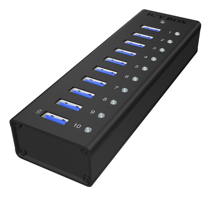 ICY BOX USB 3.0 Hub, 10 port, charging port, alu, w PSU in de groep COMPUTERS & RANDAPPARATUUR / Computeraccessoires / USB-hubs bij TP E-commerce Nordic AB (38-74819)