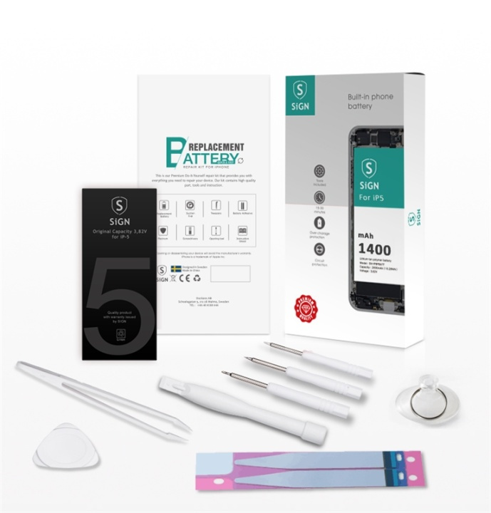 Sign Complete iPhone 5 batterijvervangingsset, 1400 mAh, complete set in de groep SMARTPHONE & TABLETS / Overige accessoires / Tools bij TP E-commerce Nordic AB (38-77311)