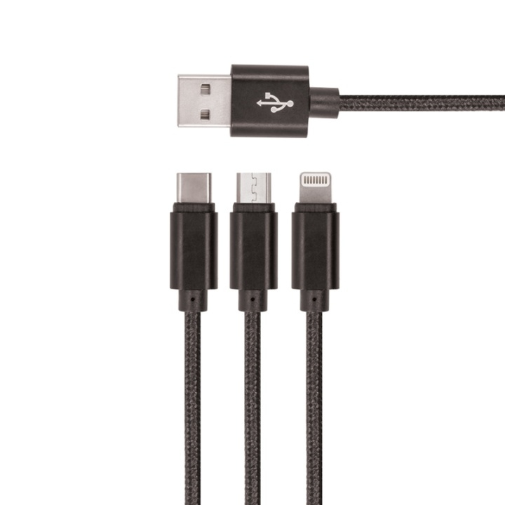 Setty 3i1 USB-kabel till microUSB/USB-C/Lightning, 1 m, Svart in de groep SMARTPHONE & TABLETS / Opladers & Kabels / Kabels / Kabels microUSB bij TP E-commerce Nordic AB (38-79027)