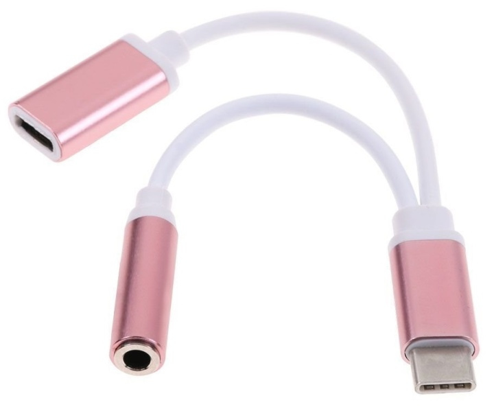 Dual Adapter USB-C naar 3,5 mm jack en opladen, Roze in de groep SMARTPHONE & TABLETS / Opladers & Kabels / Adapters bij TP E-commerce Nordic AB (38-80763)