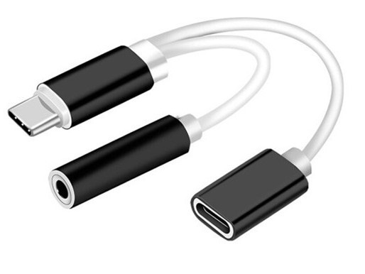 Dubbele adapter USB-C naar 3,5 mm aansluiting en opladen, zwart in de groep SMARTPHONE & TABLETS / Opladers & Kabels / Adapters bij TP E-commerce Nordic AB (38-80764)