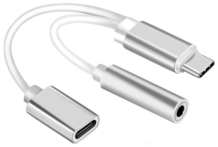 Dubbele adapter USB-C naar 3,5 mm aansluiting en opladen, Zilver in de groep SMARTPHONE & TABLETS / Opladers & Kabels / Adapters bij TP E-commerce Nordic AB (38-80765)