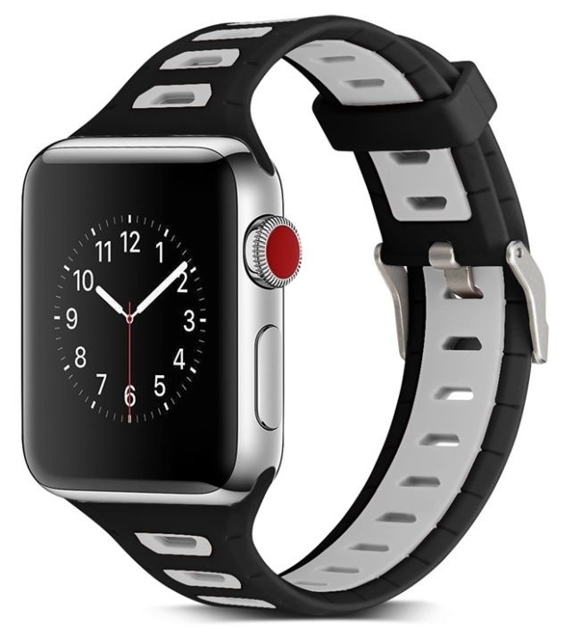 Siliconen horlogeband compatibel met Apple Watch, 38mm, Zwart, Grijs in de groep SMARTPHONE & TABLETS / Training, thuis & vrije tijd / Apple Watch & Accessoires / Accessoires bij TP E-commerce Nordic AB (38-80892)