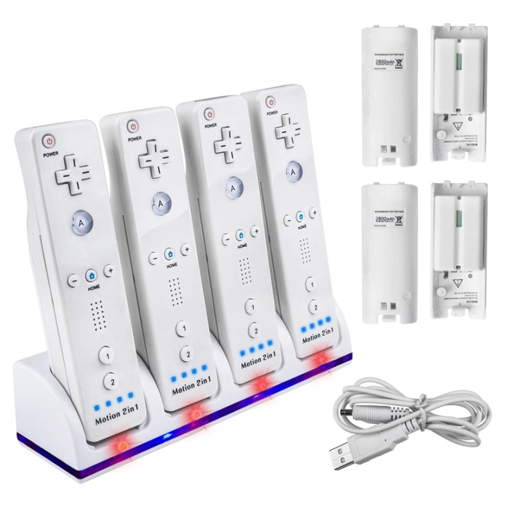 Wii Docka + 4x batteri till Nintendo Wii/Wii U-kontroll, Vit in de groep HOME ELECTRONICS / Spelconsoles en accessoires / Nintendo Wii bij TP E-commerce Nordic AB (38-81302)
