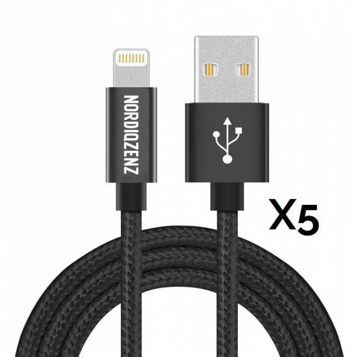 NORDIQZENZ 5-pak Lightning Textielkabel, 1m, Zwart in de groep SMARTPHONE & TABLETS / Opladers & Kabels / Kabels / Kabels Lightning bij TP E-commerce Nordic AB (38-81343PKT)