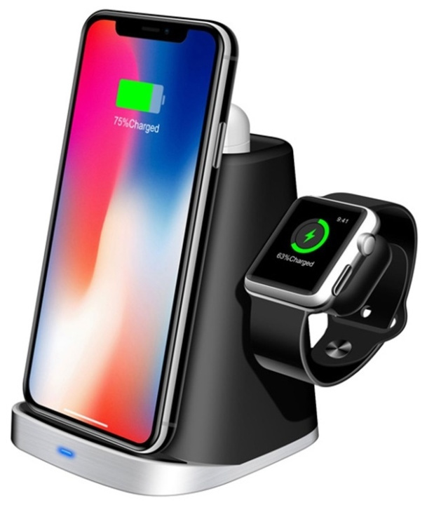 3-in-1 Qi oplaadstandaard voor Airpods, smartphone & smartwatch in de groep SMARTPHONE & TABLETS / Opladers & Kabels / Draadloze Qi-oplader bij TP E-commerce Nordic AB (38-81440)